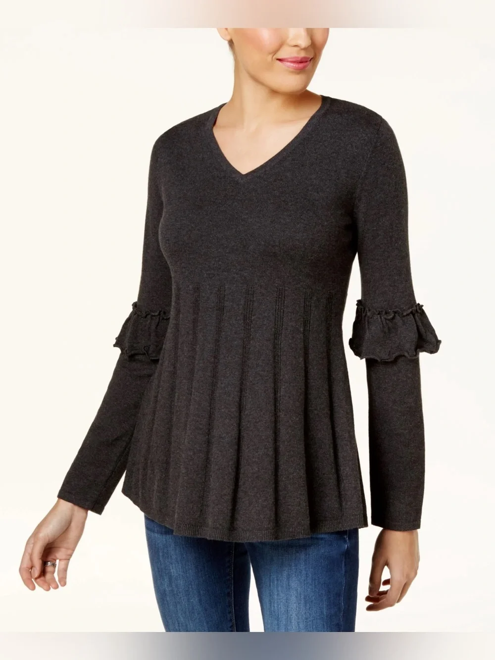 Women’s Green V-Neck Ruffle Sleeve Long-Sleeve Top - 2X